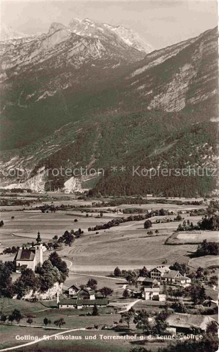 Golling Salzach Salzburg AT mit St Nikolaus und Torrenerhof Tennengebirge