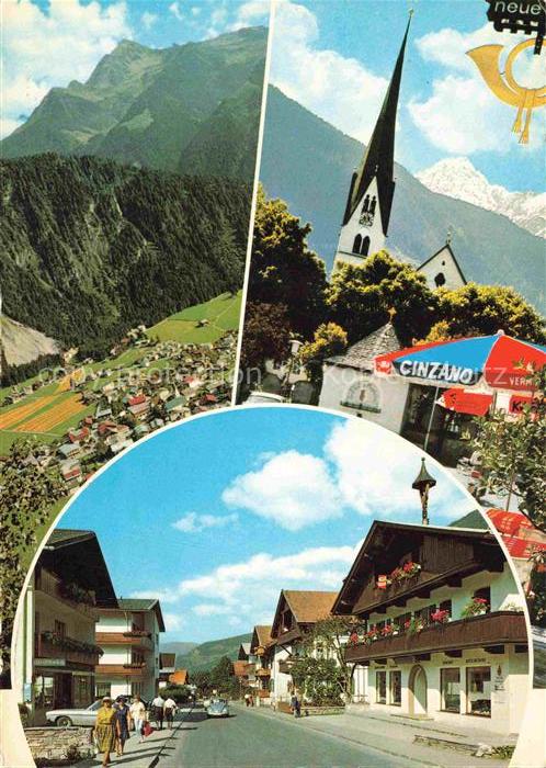 Mayrhofen Zillertal Tirol AT Panorama mit Ahornspitze Dorfplatz mit Tristner Mot