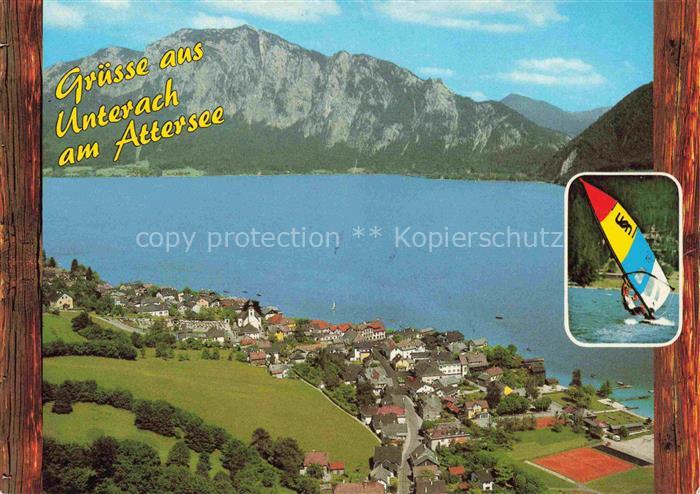 Unterach Attersee Oberoesterreich AT Fliegeraufnahme mit Hloelengebirge Windsurf