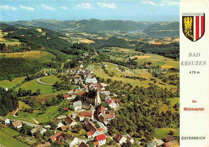 Bad Kreuzen Muehlviertel Oberoesterreich AT Fliegeraufnahme mit Grein und Donau