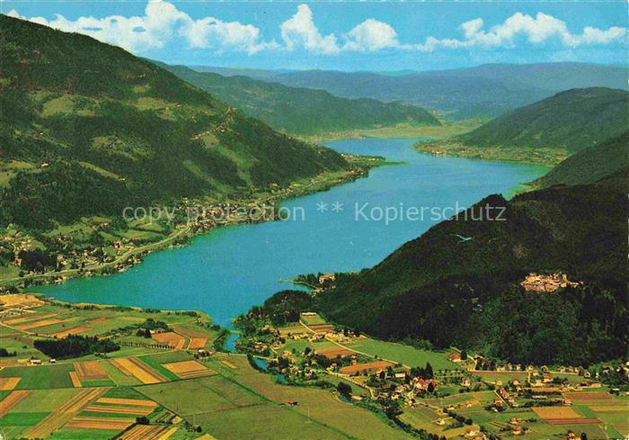Ossiachersee Kaernten AT Fliegeraufnahme mit Ruine Landskron