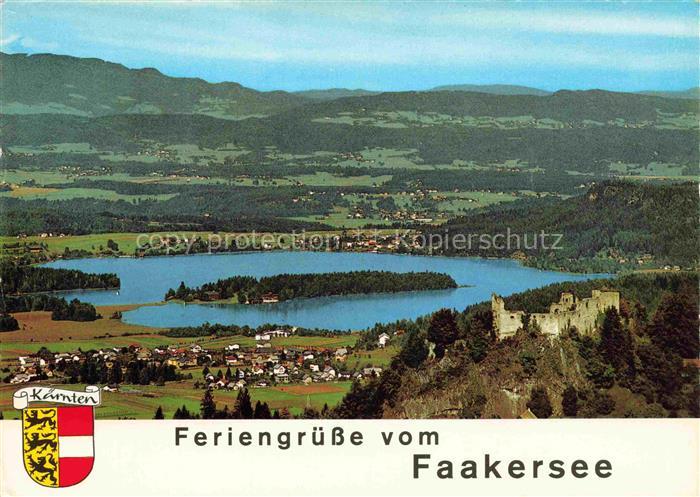 Faakersee VILLACH Kaernten AT Ruine Alt Frankenstein Fliegeraufnahme