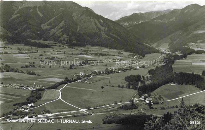 Seebach Turnau Steiermark AT Tal Sommerfrische Wiesen Berge Haeuser Wald Panoram