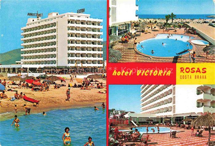 Rosas Costa Brava Cataluna ES Hotel-Victoria Strand Schwimmbad Hochhaus Badegaes