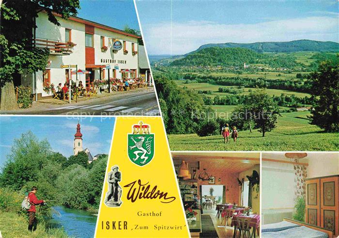 Wildon Steiermark AT Gasthof-Isker Zum-Spitzwirt Kirchturm Angler Fluss Bergpano