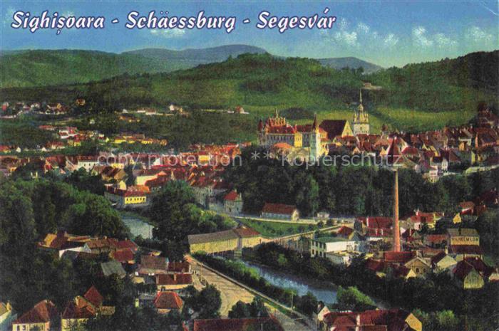 Sighisoara Schaessburg Romania Stadtpanorama Kirchturm Altstadt Fluss Daecher Be