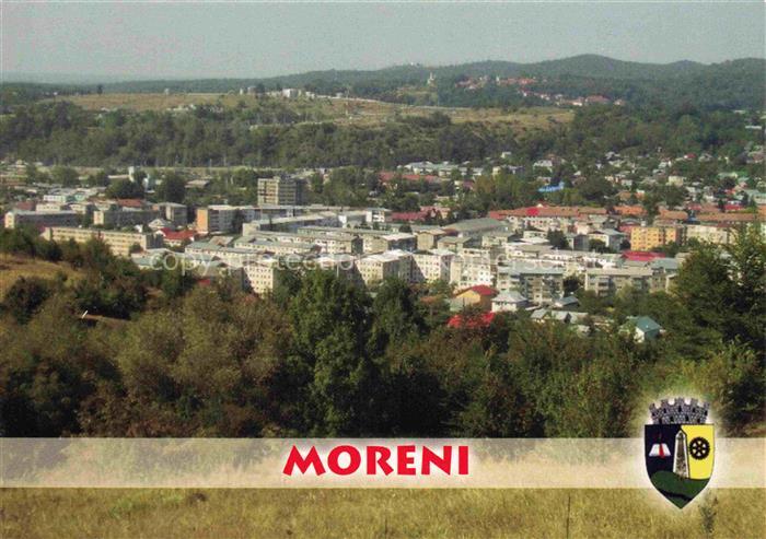 Moreni Dambovita  RO Stadtpanorama Plattenbauten Wohnblocks Wappen Baeume Huegel