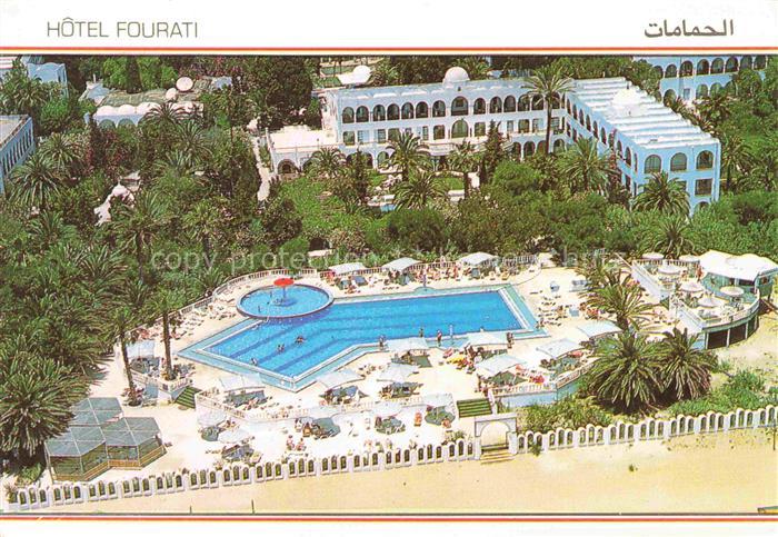 Hammamet Tunesie Hotel-Fourati Fliegeraufnahme Pool Strand Palmen Liegestuehle S