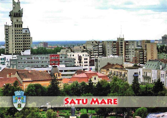 Satu Mare Sathmar RO Stadtpanorama Hochhaus Turm Wappen Statue Altstadt Plattenb