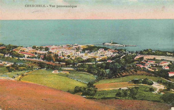 Cherchell Algerie Hafen Pier Mittelmeer Hafenstadt Felder Huegel Kuestenstadt