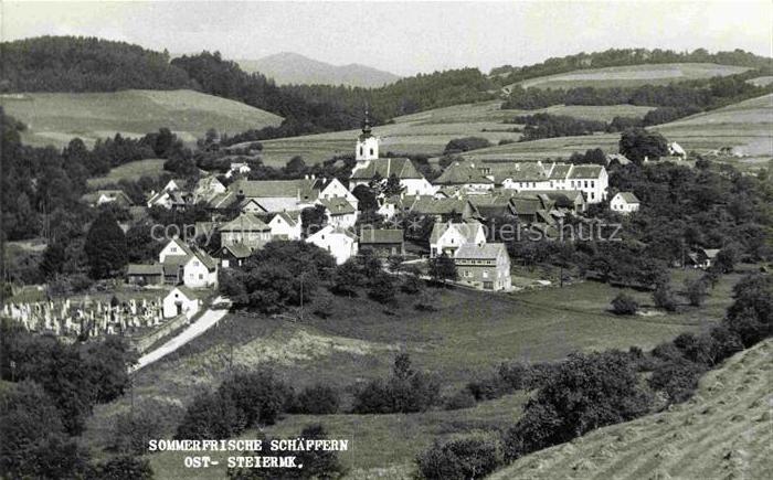 Schaeffern Steiermark AT Sommerfrische Dorf Kirche Friedhof Huegel Felder Echtfo