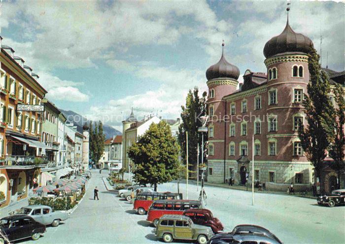 LIENZ  Tirol AT Stadtplatz Liebburg Zwiebelturm Hotel-Schier Autos-1950er Baeume