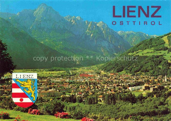 LIENZ  Tirol AT Spitzkofel Dolomitenstadt Stadtpanorama Tal Berge Wald Wappen Do