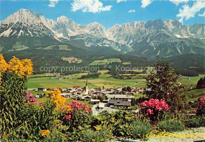 Ellmau Elmau Tirol AT Wilder-Kaiser Bergmassiv Alpendorf Kirche Wiesen Blumen So