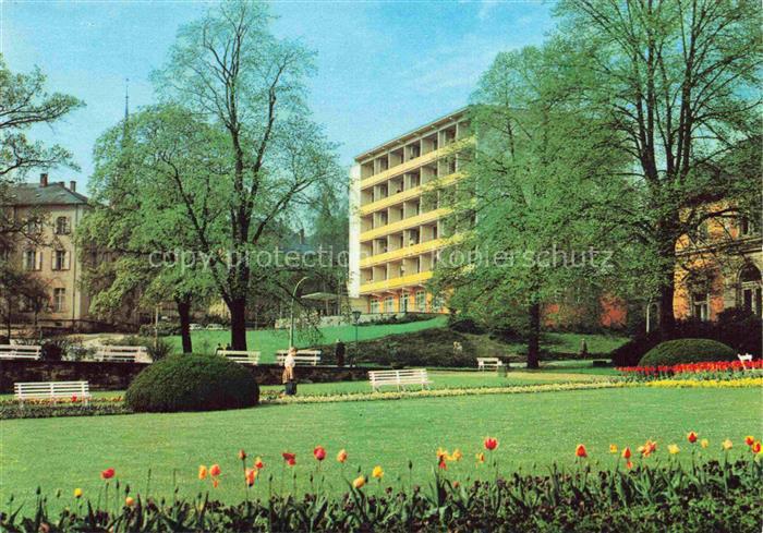 BAD ELSTER Vogtland Sachsen Kliniksanatorium Kurpark Tulpen Parkbaenke Hochhaus