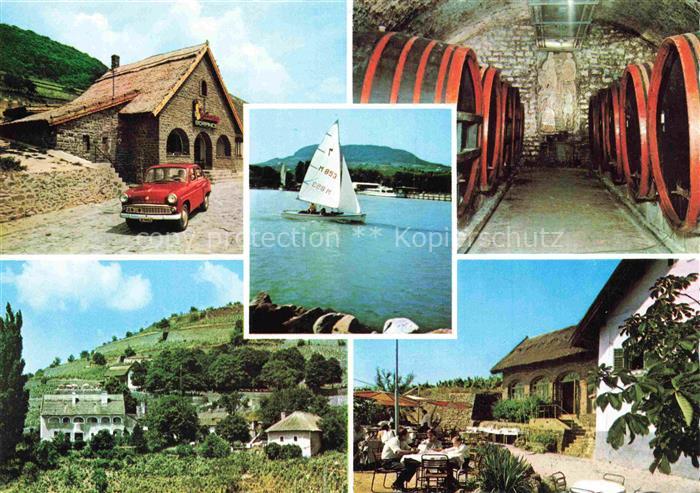 Badacsony HU Weingebiet Weinkeller Weinfaesser Segelboot Balaton Weinberg Weinst
