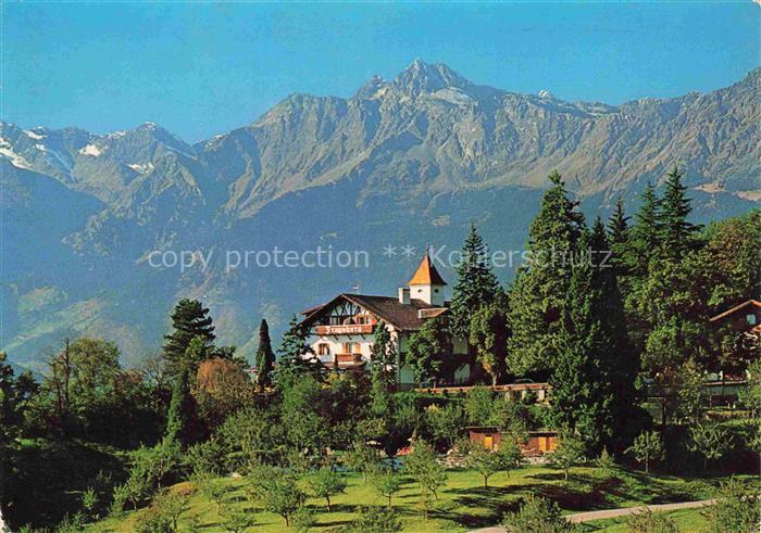 Meran MERANO IT Jagdschloss-Fragsburg Alpenhotel Turm Bergpanorama Obstgarten Na