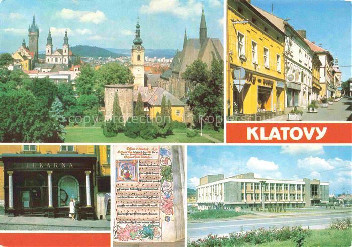 Klatovy Klattau CZ Pozdrav-z-Klatov Stadtansicht Kirchtuerme Innenstadt Lékárna