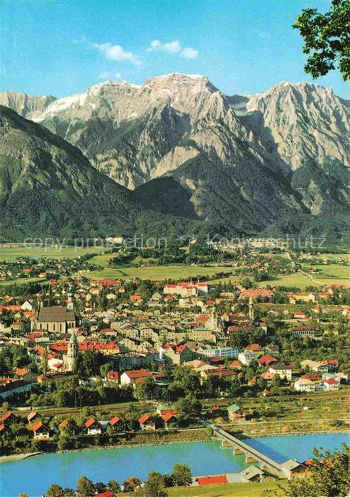 Hall Tirol AT Inn Bruecke Kirche Stadtpanorama Berge Solbad Kurort Inntal