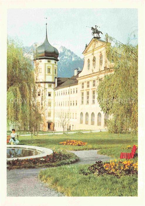 Stams Tirol  AT Stift-Stams Barockkloster Zwiebeltuermchen Park Brunnen Blumen R