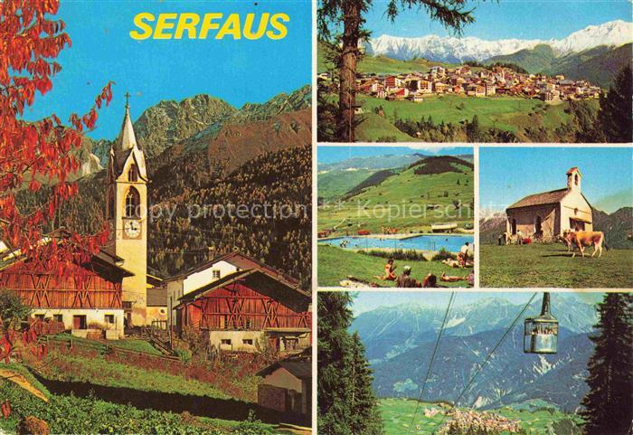 Serfaus Tirol AT Kirchturm Bergpanorama Freibad Kapelle Kuehe Seilbahn Dorfansic