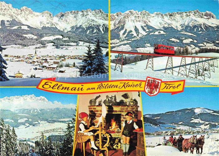 Ellmau Elmau Tirol AT Winterpanorama Standseilbahn Skigebiet Tracht Kamin Pferde