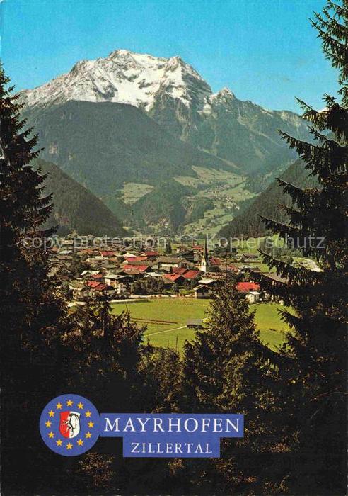 Mayrhofen Zillertal Tirol AT Bergpanorama Gruenberg Taldorf Kirche Wiesen Fichte