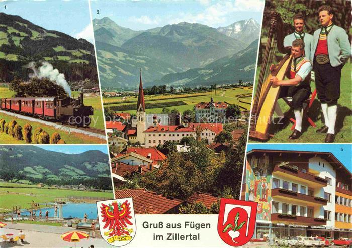 Fuegen Zillertal Tirol AT Zillertalbahn Dampfzug Sterntrio Harfe Tracht Freibad