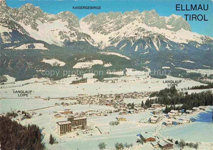 Ellmau Elmau Tirol AT Kaisergebirge Winter Schnee Langlauf-Loipe Dorf Bergpanora