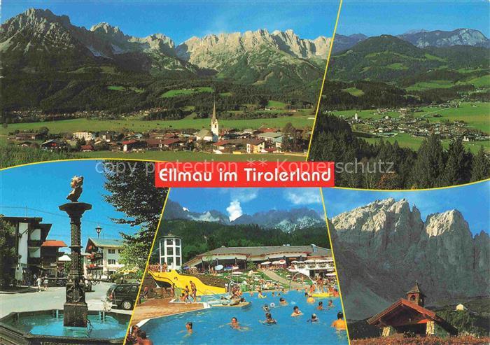 Ellmau Elmau Tirol AT Wilder-Kaiser Kaisergebirge Freibad Brunnen Panorama Kirch