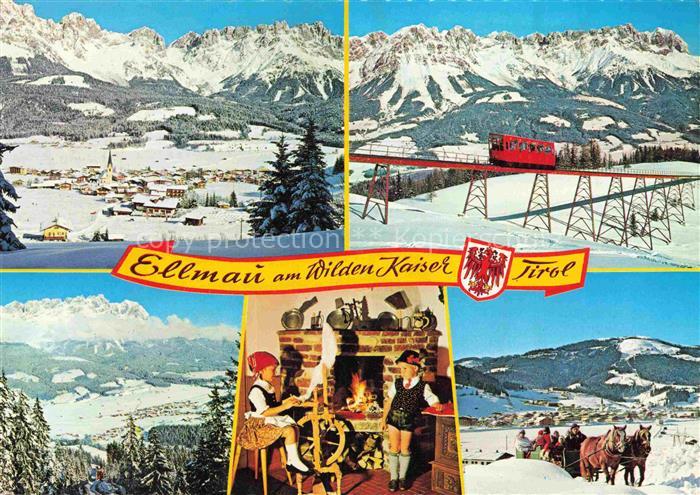 Ellmau Elmau Tirol AT Wilder-Kaiser Standseilbahn Hartkaiser Winter Tracht Kamin