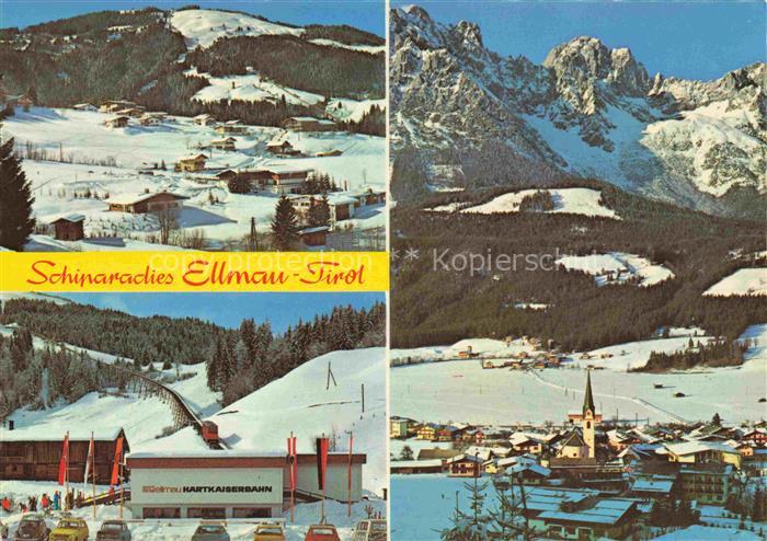 Ellmau Elmau Tirol AT Hartkaiserbahn Schigebiet Winter Skifahrer Dorf Kirchturm