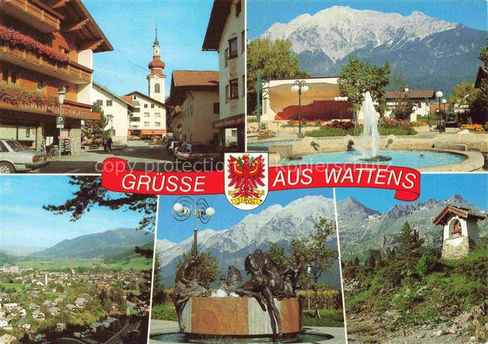 Wattens Fritzens Tirol AT Hauptstrasse Kirche Springbrunnen Skulptur Bergpanoram