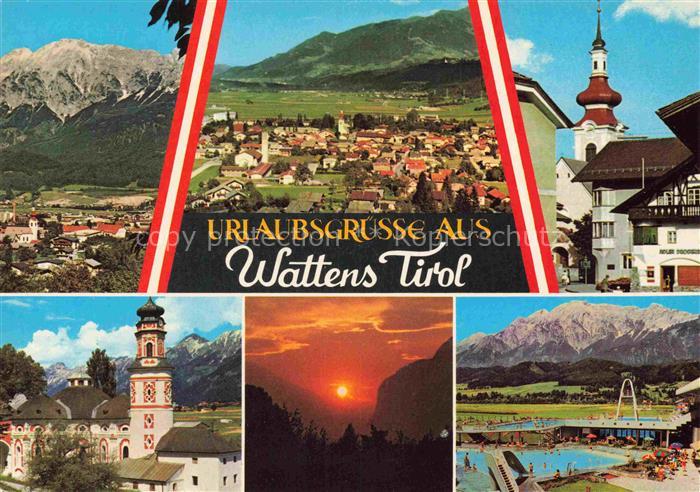 Wattens Fritzens Tirol AT Panorama Barockkirche Freibad Sonnenuntergang Bergpano