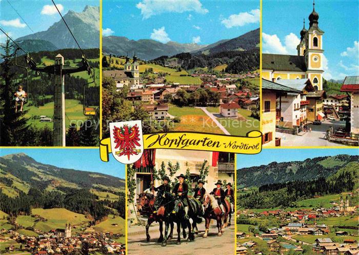 Hopfgarten Brixental Tirol AT Sessellift Kirche Ortsansicht Trachtenreiter Bergl