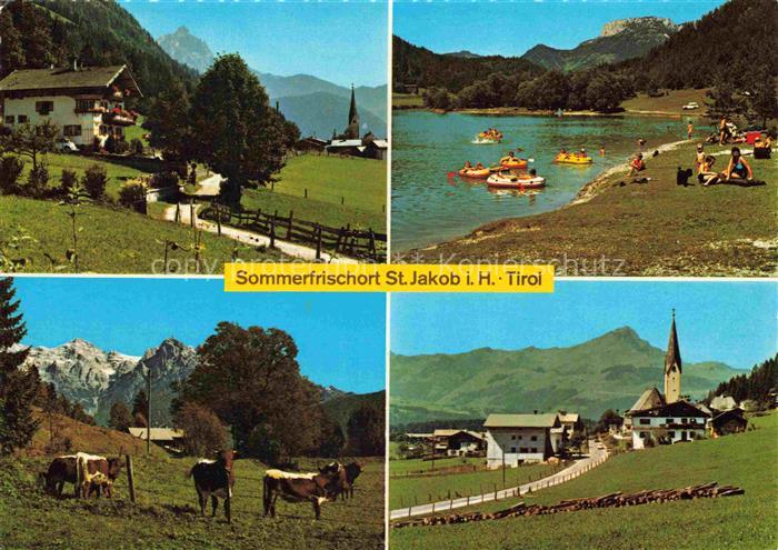 St Jakob in Haus Tirol AT See Boote Schwimmer Kuehe Weide Kirchturm Dorf Sommerf