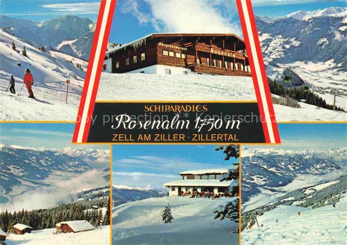 Rosenalm 1744m Zell Ziller Tirol AT Bergrestaurant Kreuzjoch Skigebiet Skifahrer
