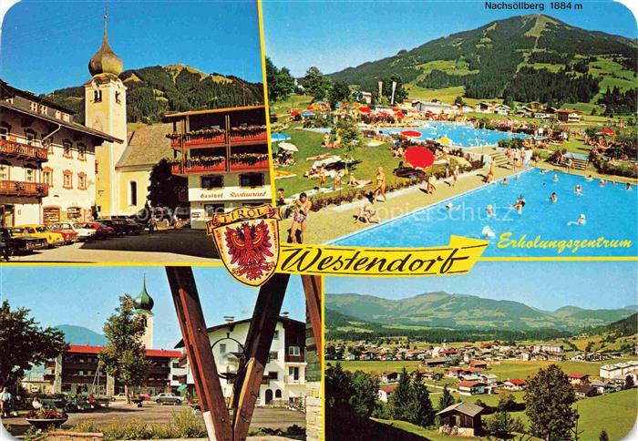 Westendorf Tirol AT Nachsoellberg Schwimmbad Kirchturm Erholungszentrum Bergpano