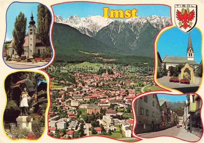 Imst Tirol AT Kirchturm Statue Strassenszene Bergpanorama Luftkurort Schemenlauf