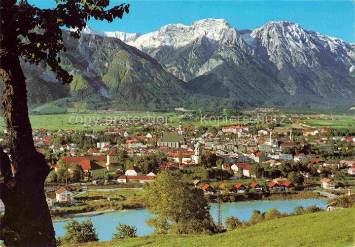 Hall Tirol AT Solbad-Hall Bettelwurf Inn Stadtpanorama Kirche Fluss Berge Kurort