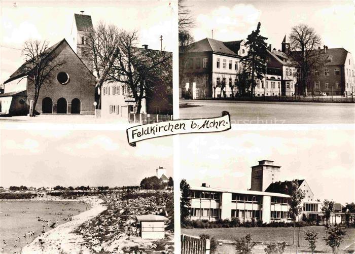 Feldkirchen MueNCHEN Bayern Kirche Rathaus Freibad Schulgebaeude Badegaeste
