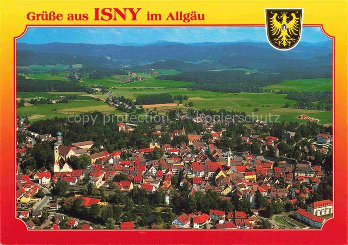 Beuren Isny Kirchturm Altstadt Allgaeu Wappen Stadtpanorama Haeuser Waelder Hueg