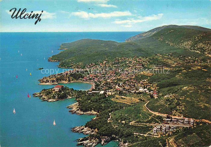 Ulcinj Montenegro Kuestenstadt Bucht Adria Segelboote Berge Altstadt Fliegeraufn