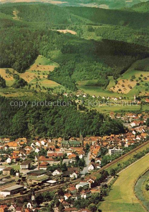 Hausach Spitzfelsen Schwarzwald Kirche Bahnlinie Wohnhaeuser Wald Huegel Flussla