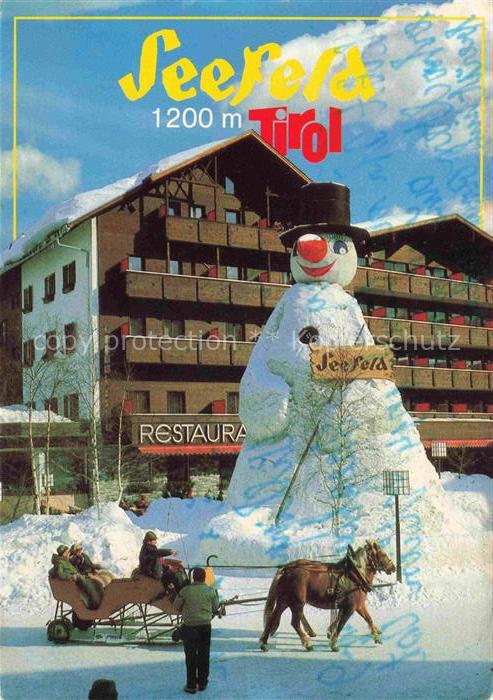 SEEFELD Tirol AT Schneemann Pferdeschlitten Winter Hotel Restaurant Schnee Kutsc