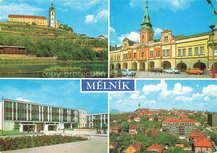 Melnik  CZ Zamek Radnice Schule Stadtpanorama Weinberge Barockgebaeude Fluss Bur