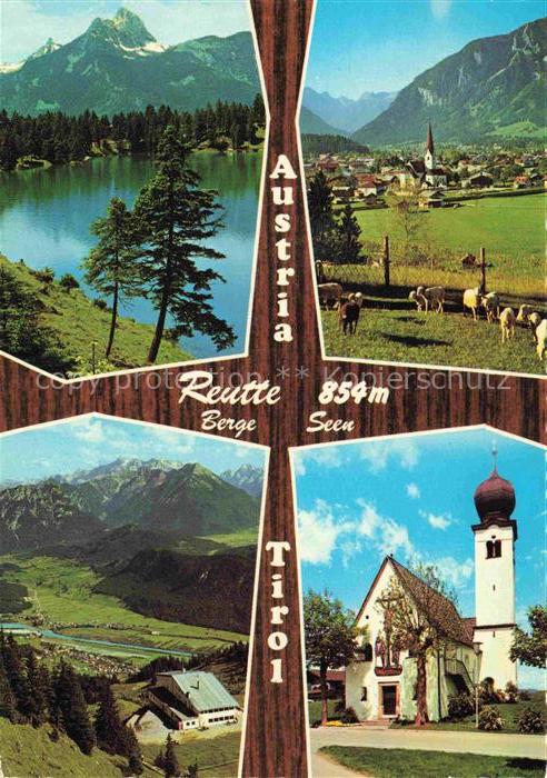 Lechtal Reutte Tirol AT See Kirchturm Zwiebelturm Bergpanorama Kuehe Ortschaft B