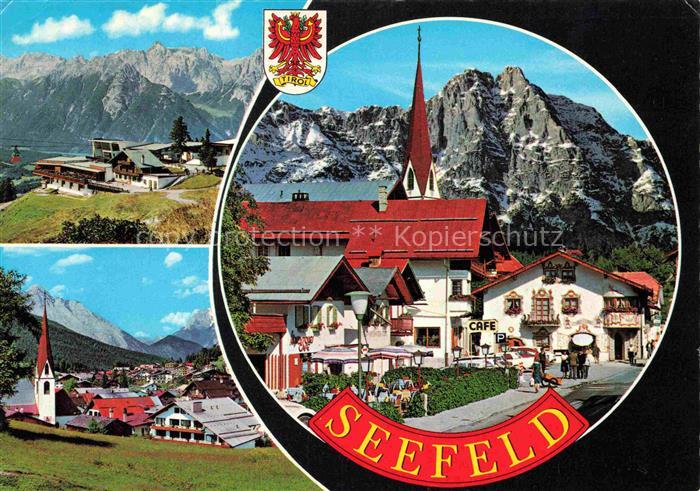 SEEFELD Tirol AT Seilbahn Bergstation Kirchturm Ortsansicht Café Dorfplatz Somme