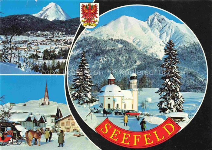 SEEFELD Tirol AT Hohe-Munde Panorama Dorfplatz Café Pferdeschlitten Seekirchl Wi