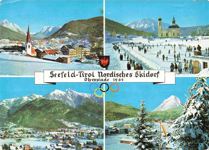 SEEFELD Tirol AT Olympiade-1964 Nordisches-Skidorf Ortsansicht Kirchturm Eislauf
